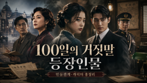 100일의 거짓말 등장인물과 인물관계를 표현한 대표 이미지, 김유정·박진영 중심의 경성시대 주요 인물과 긴장감 있는 분위기