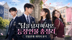 담을 넘지 마시오 등장인물 총정리 대표 이미지, 문상민·신시아·이민재·최희진의 학교 배경 인물관계와 캐릭터를 표현한 장면