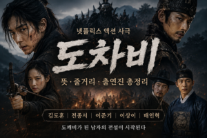 넷플릭스 액션 사극 영화 도차비 대표 이미지, 김도훈·전종서·이준기·이상이·배인혁의 주요 등장인물과 어두운 국경지대 전투 분위기를 표현한 장면